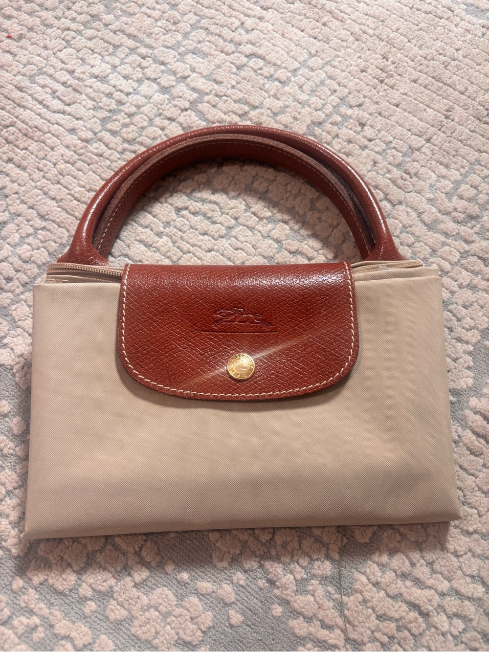 Longchamp beige canvas mini handbag with brown leather trim